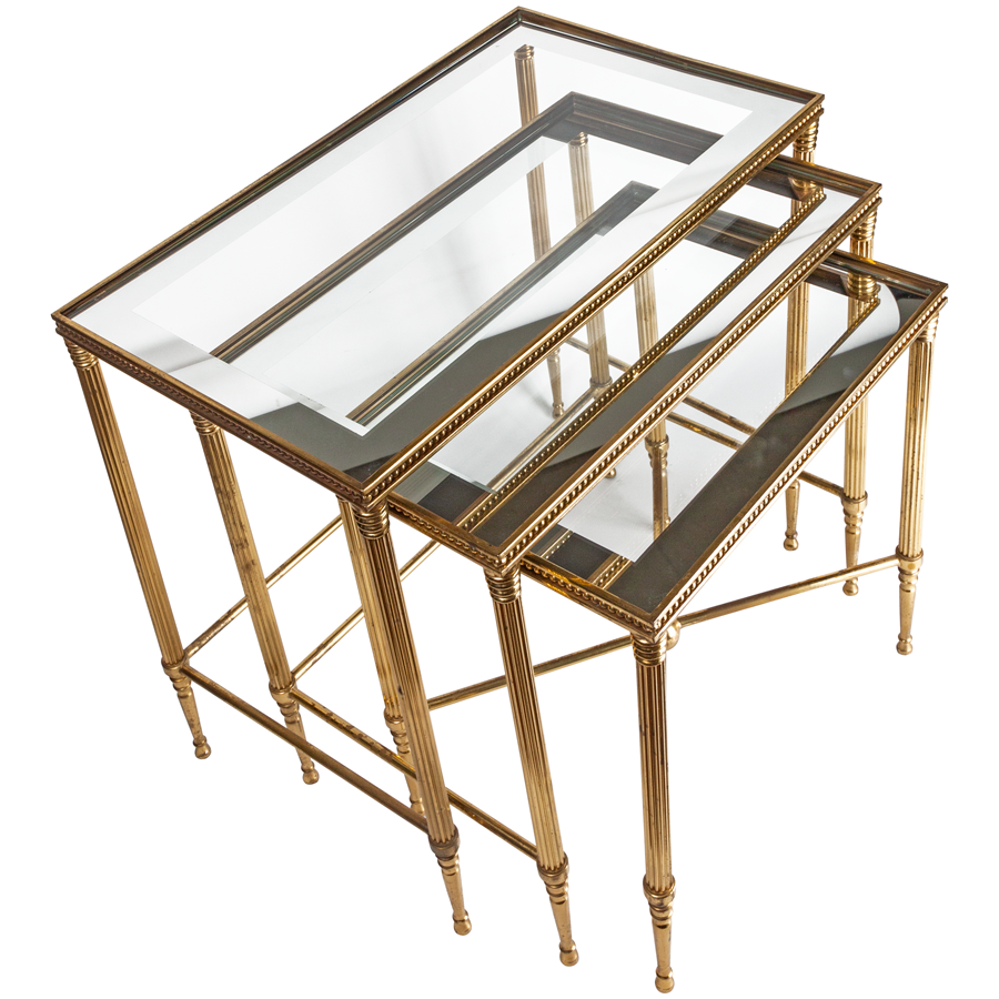 Brass Nesting Tables with Mirrored Glass - Set of 3