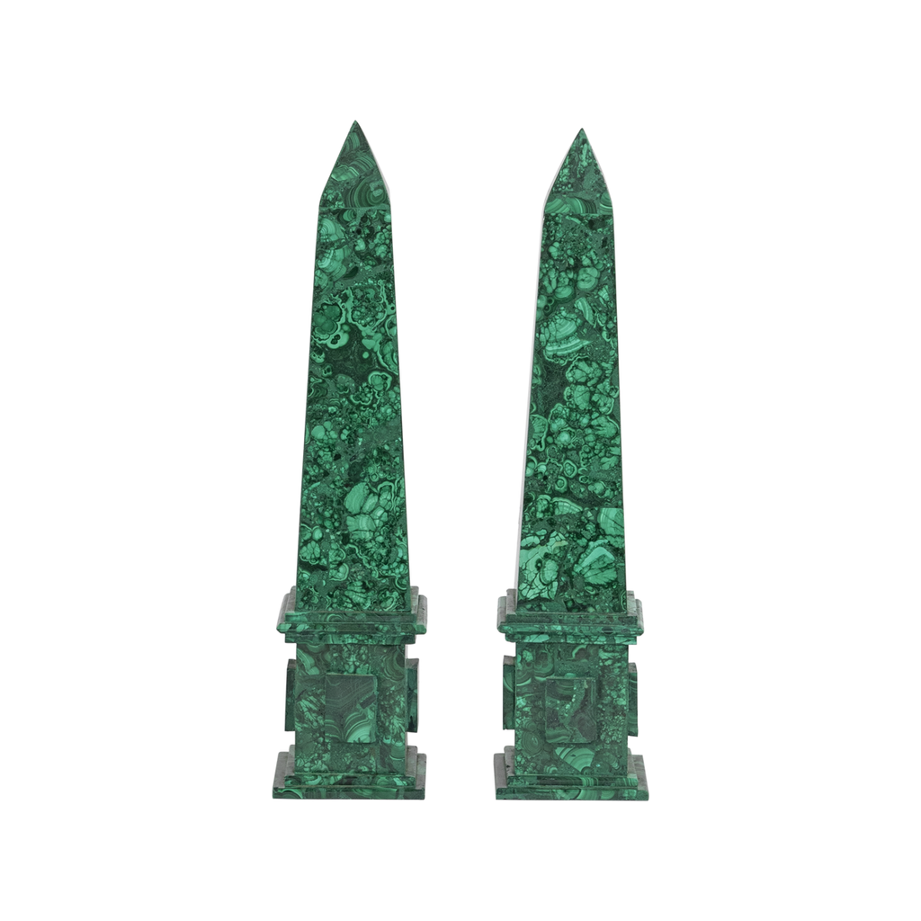 Pair of Malachite Obelisks with Stepped Base