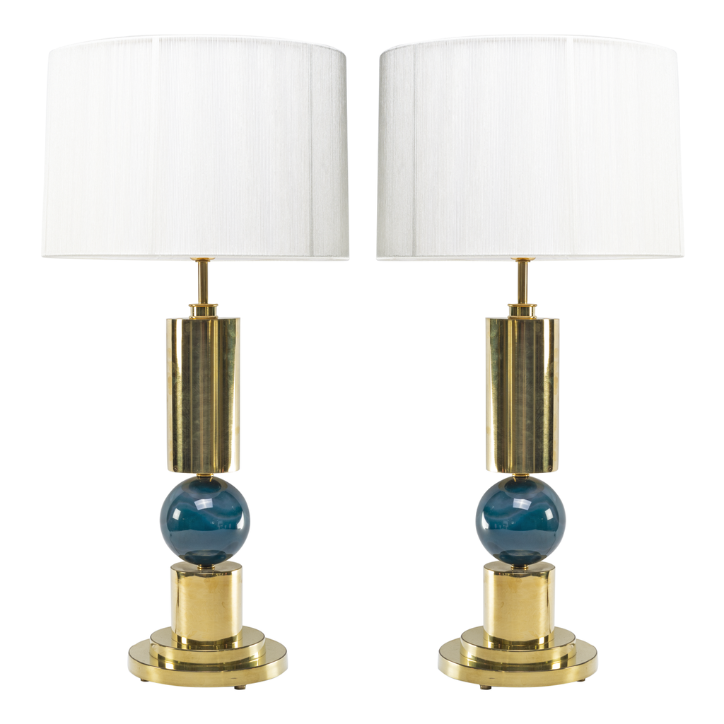 Pair of Italian Brass and Blue Agate Lamps
