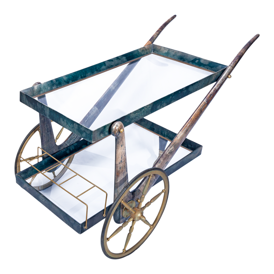 Aldo Tura Trolley Bar Cart Blue and Green Goat Skin Found by Maja