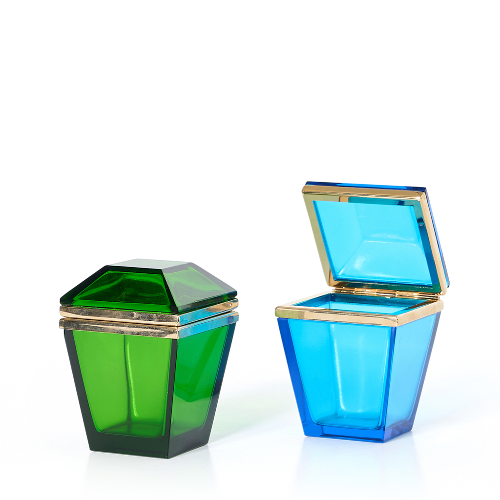 Italian Murano Green Gem Shapped Box with Brass Detailing