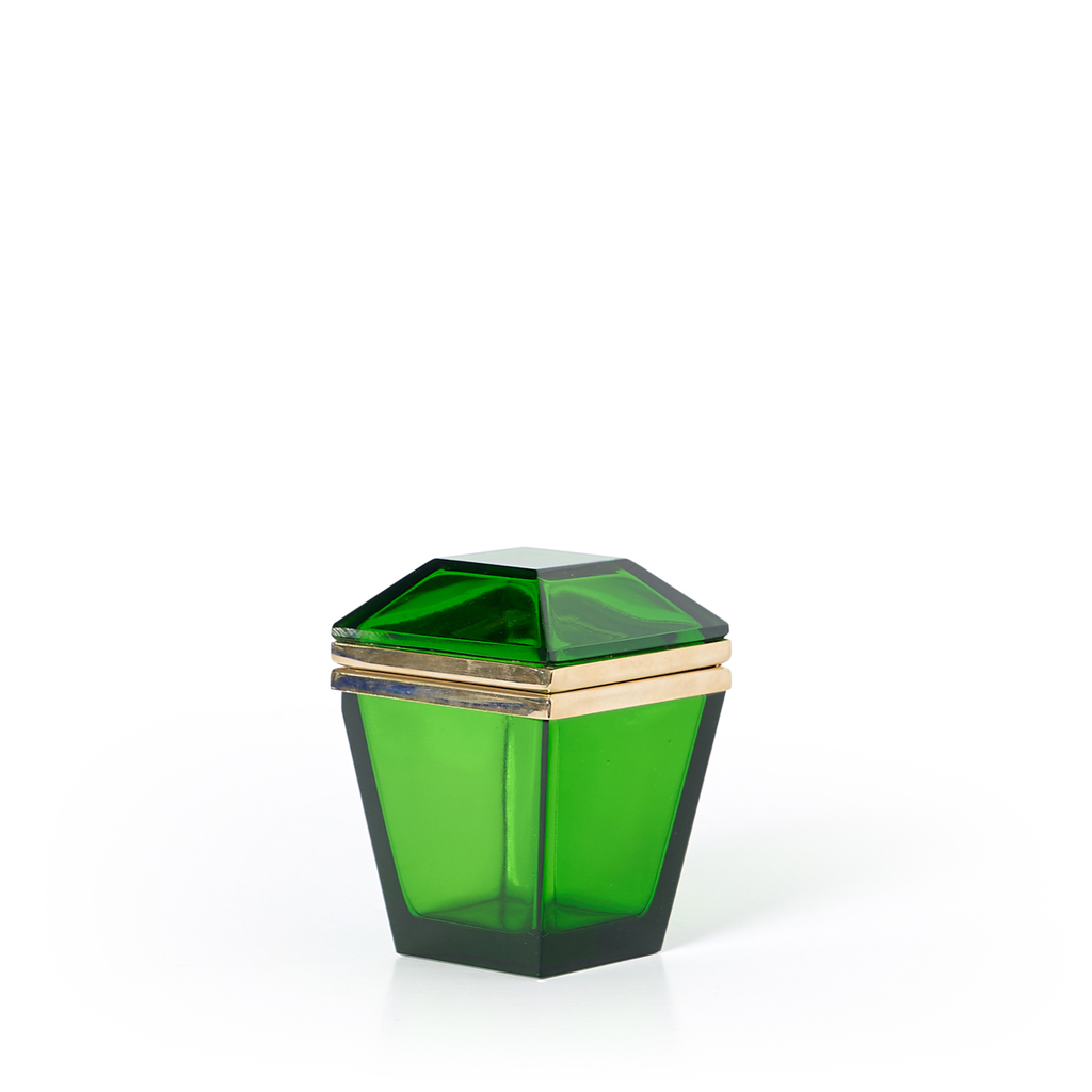 Italian Murano Green Gem Shapped Box with Brass Detailing
