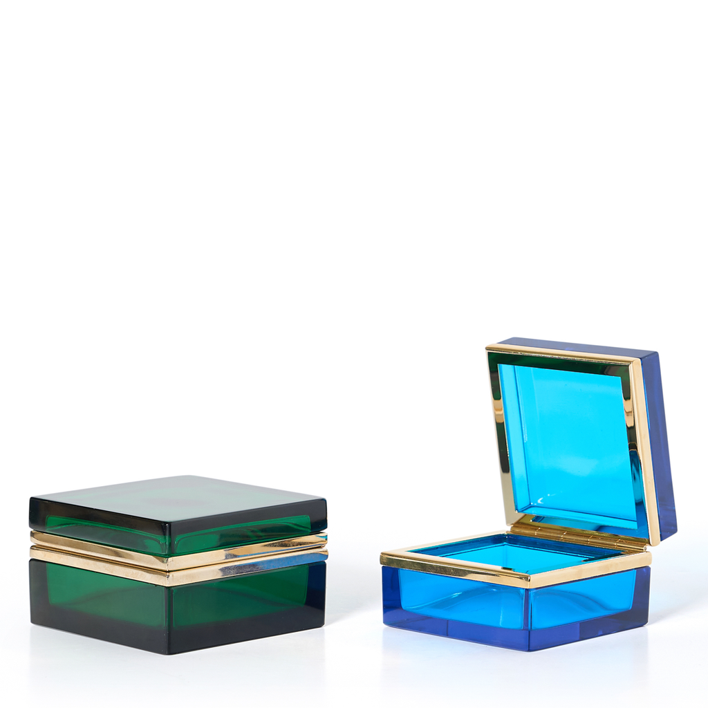 Italian Murano Green Square Box with Brass Detailing