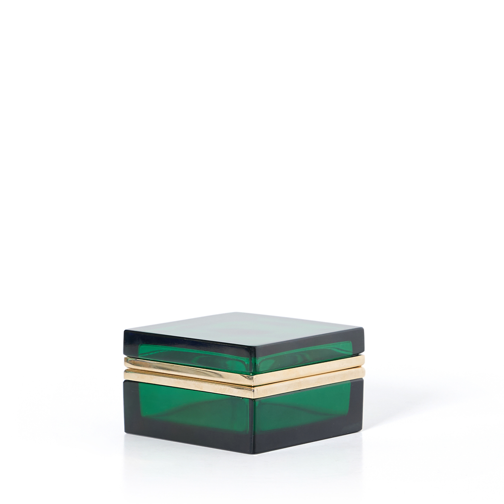 Italian Murano Green Square Box with Brass Detailing