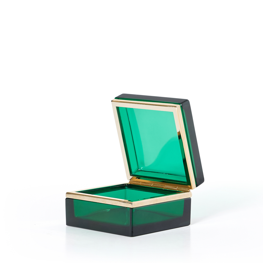 Italian Murano Green Square Box with Brass Detailing