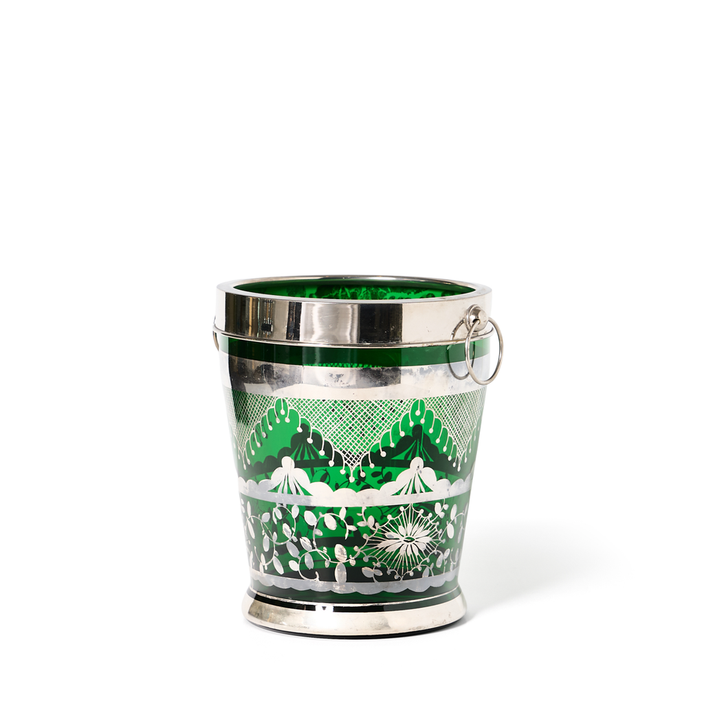 Silver and Green Glass Ice Bucket