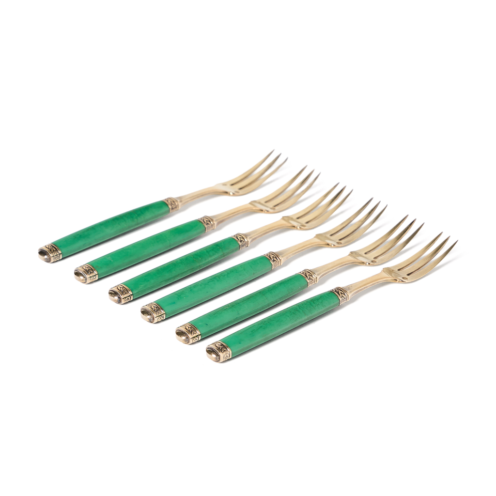 Sauzedde Brass and Celluloid Green Forks - Set of 8