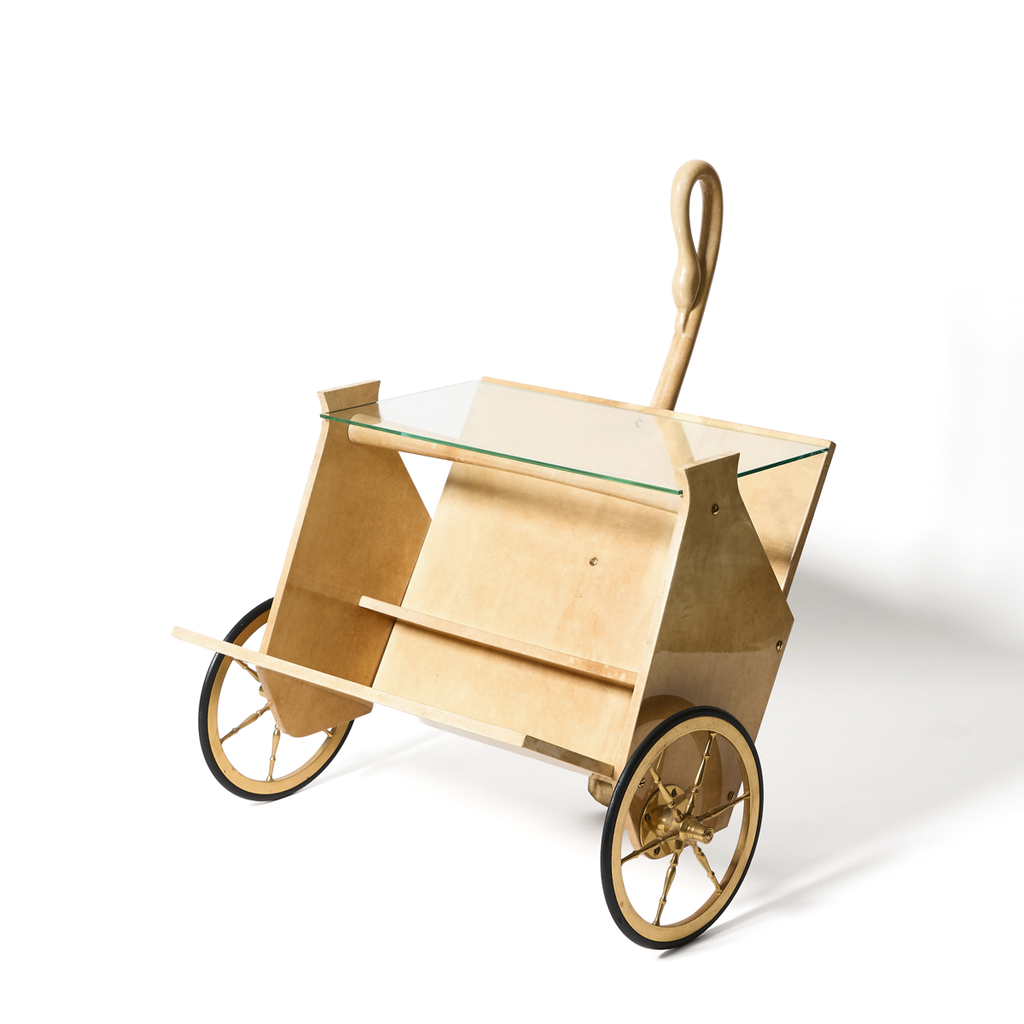 Aldo Tura Lacquered Goatskin Swan Bar Cart, Italy c 1950s