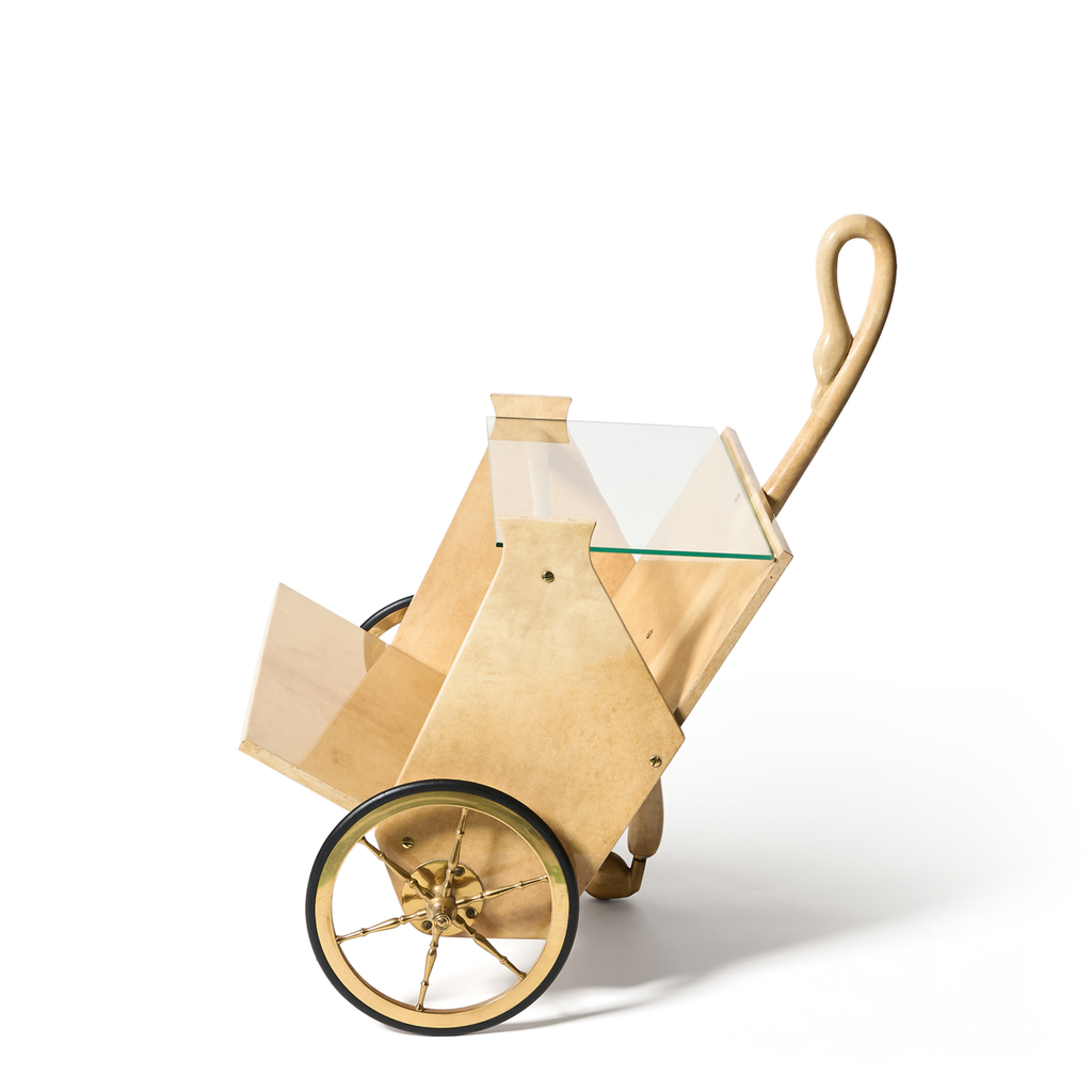 Aldo Tura Lacquered Goatskin Swan Bar Cart, Italy c 1950s