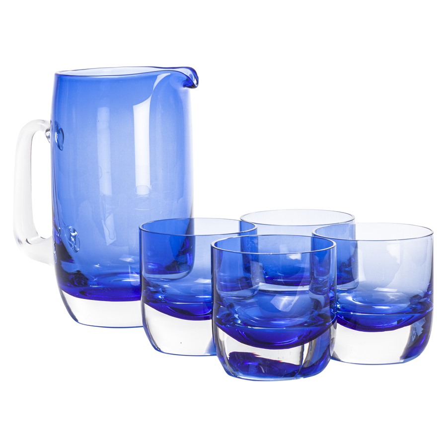 Cobalt Block Crystal Double Old Fashioned Glasses with Pitcher - Set of 5