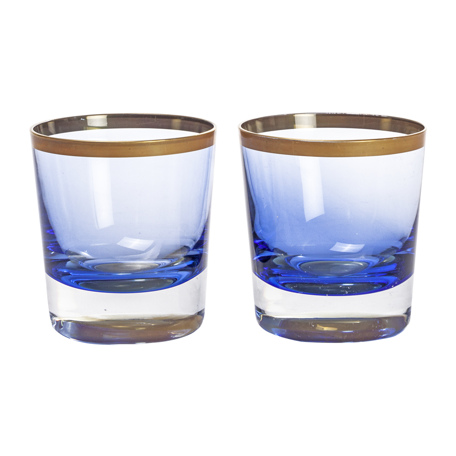 Cobalt Block Crystal Double Old Fashioned Glasses with Gold Rim - Set of 2