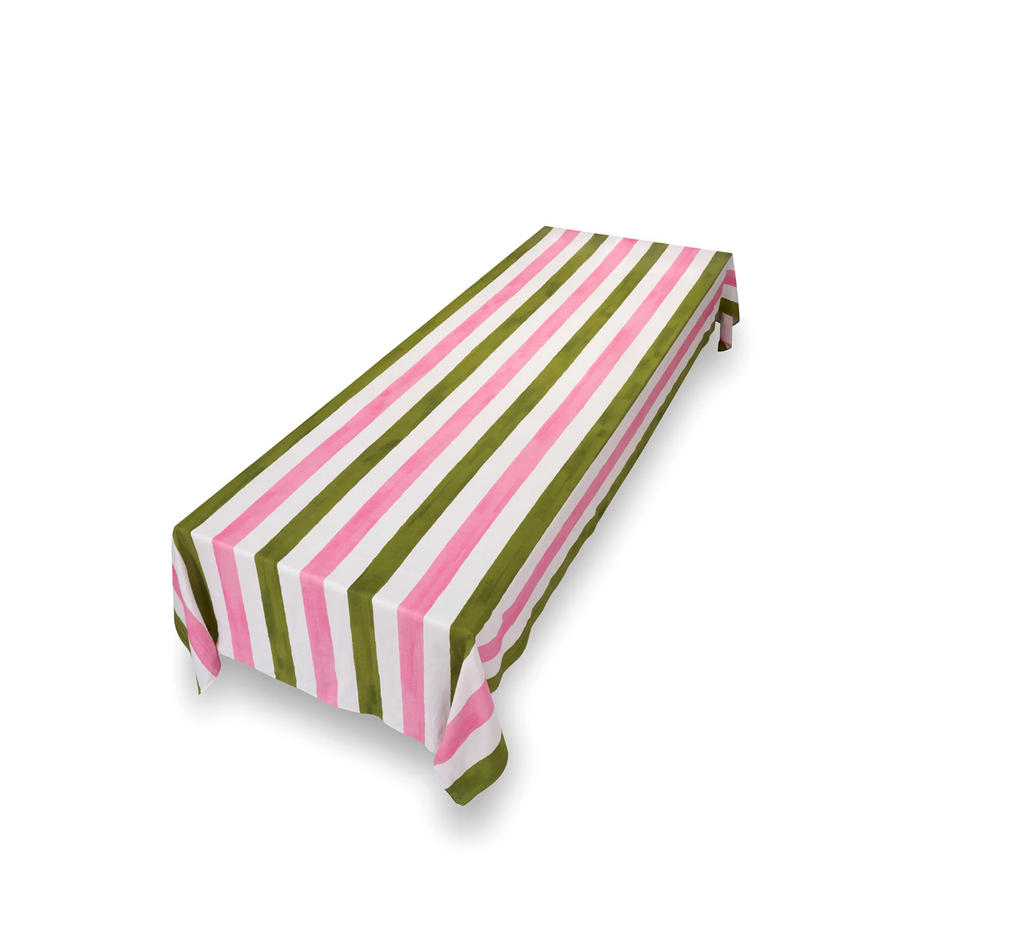 Stripe Linen in Rose Pink & Avocado Green Tablecloth by Summerill & Bishop