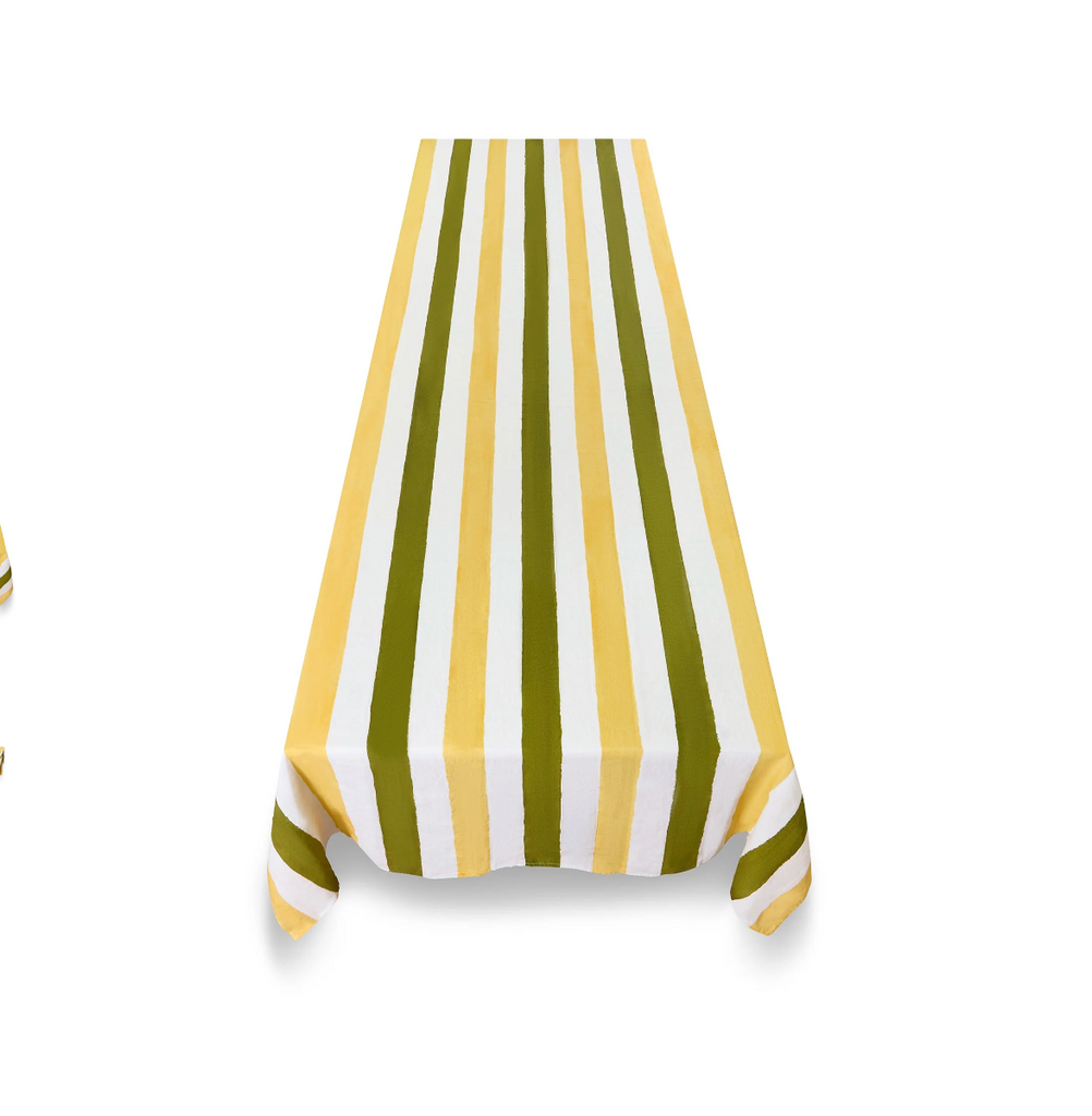 Stripe Linen in  Lemon Yellow & Avocado Green Tablecloth by Summerill & Bishop