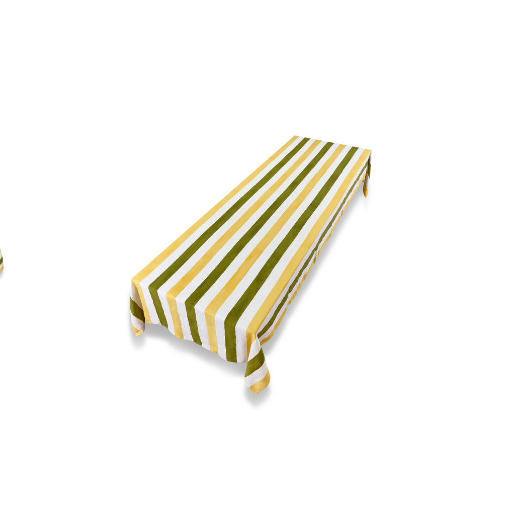 Stripe Linen in  Lemon Yellow & Avocado Green Tablecloth by Summerill & Bishop