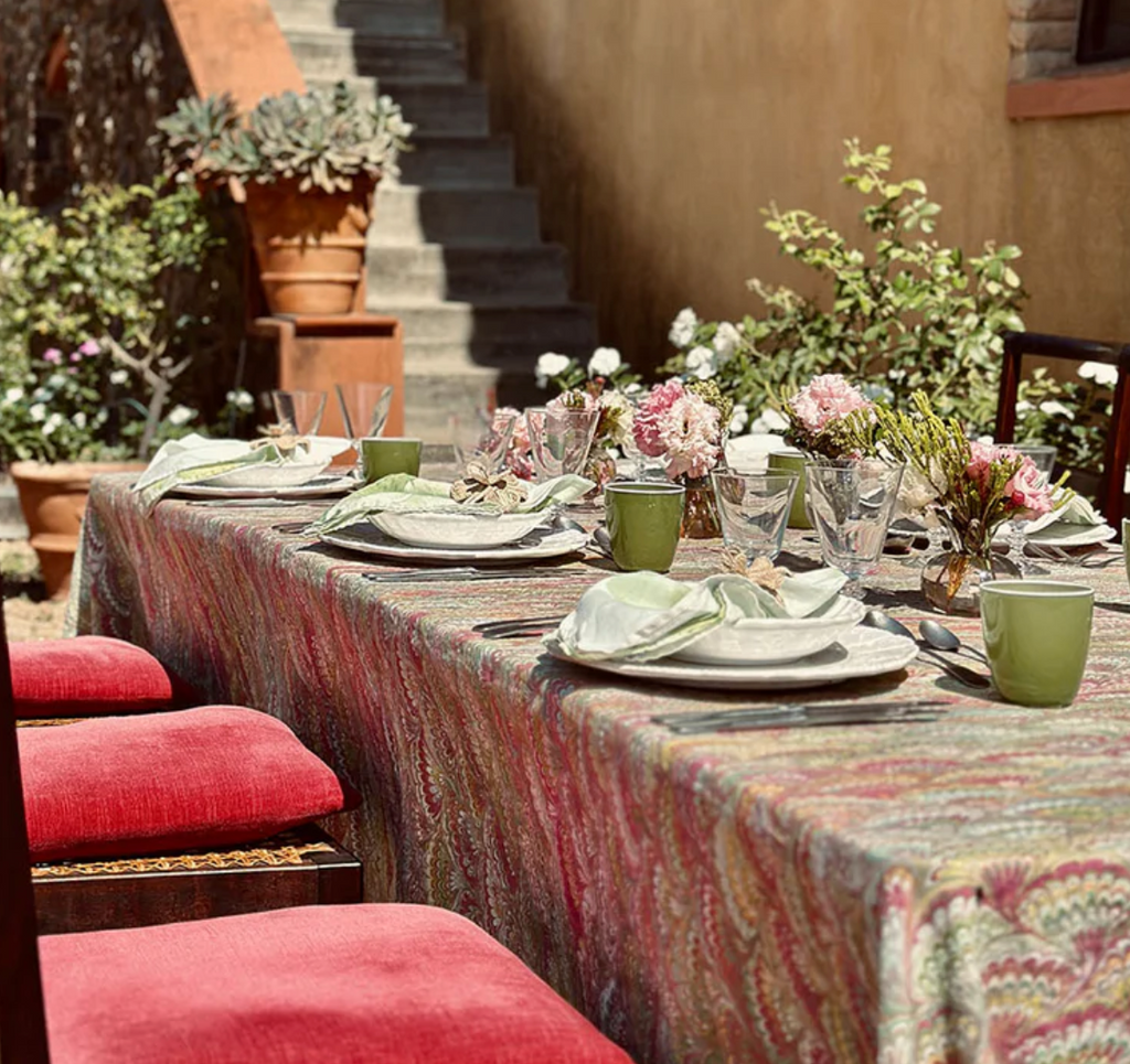 Marble Fan Linen Tablecloth in Pink, Green & Yellow by Summerill & Bishop