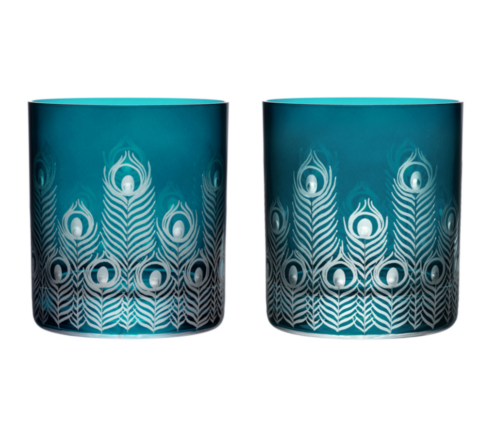 Double Old Fashioned Glasses in Peacock - Plumage, Set of 2 by Artel