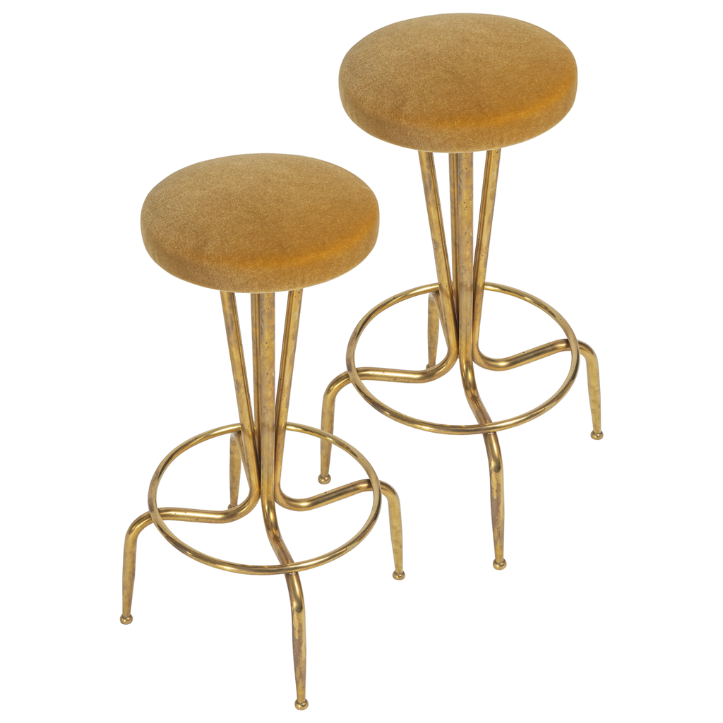 Gold Mohair Velvet Italian Brass Bar Stools - set of 2