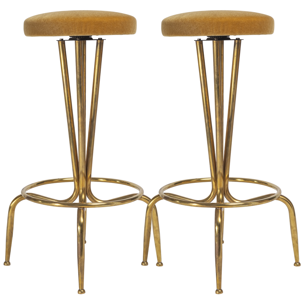 Gold Mohair Velvet Italian Brass Bar Stools - set of 2