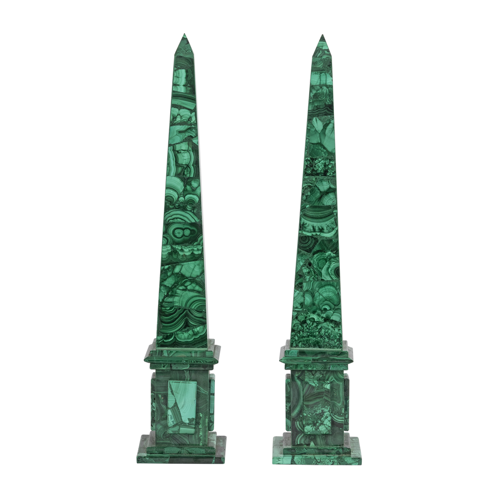 Pair or Malachite Obelisks with Stepped Base