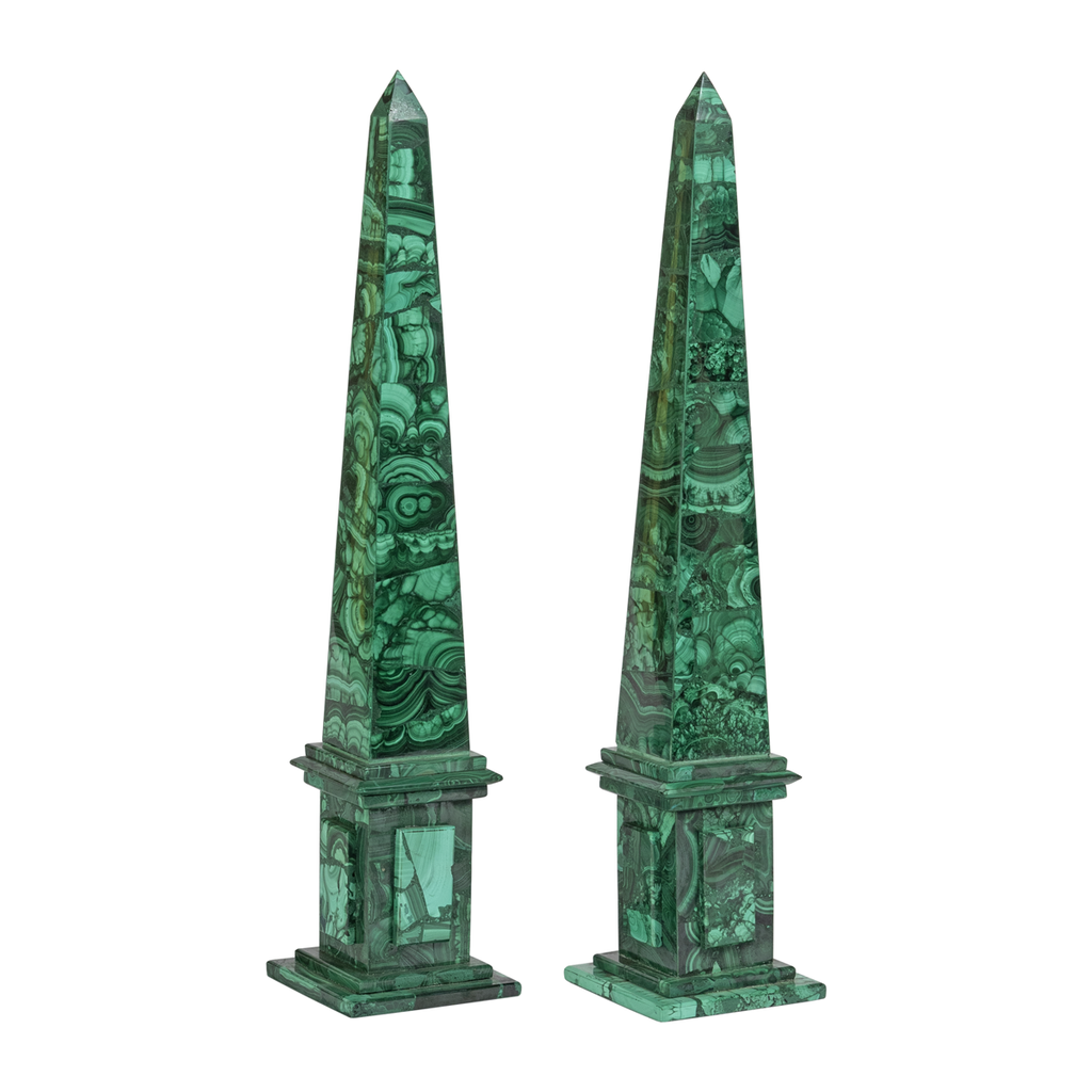 Pair or Malachite Obelisks with Stepped Base