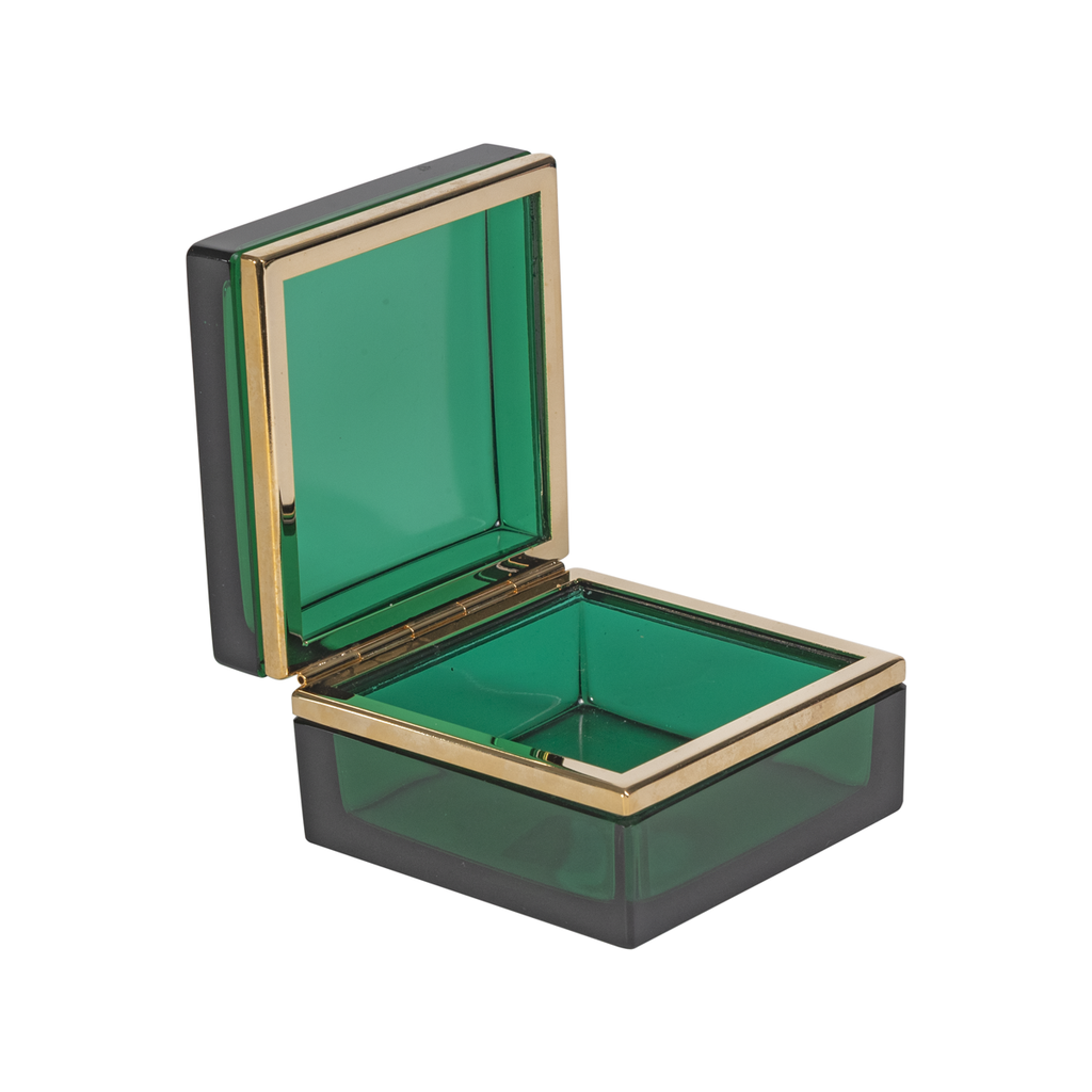 Italian Murano Green Square Box with Brass Detailing