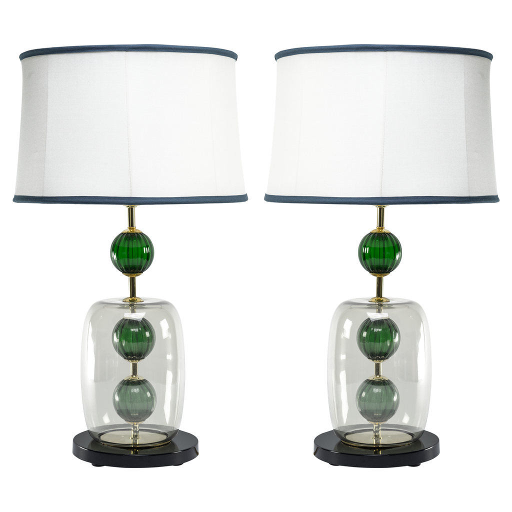 Murano Green Glass and Frosted Dome Lamps - Set of 2