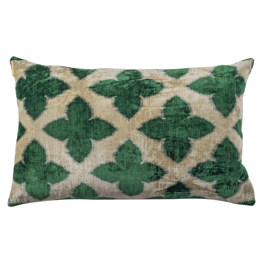 Vintage Silk Velvet Pillow - Large Rectangle Emerald and Cream Quatrefoil