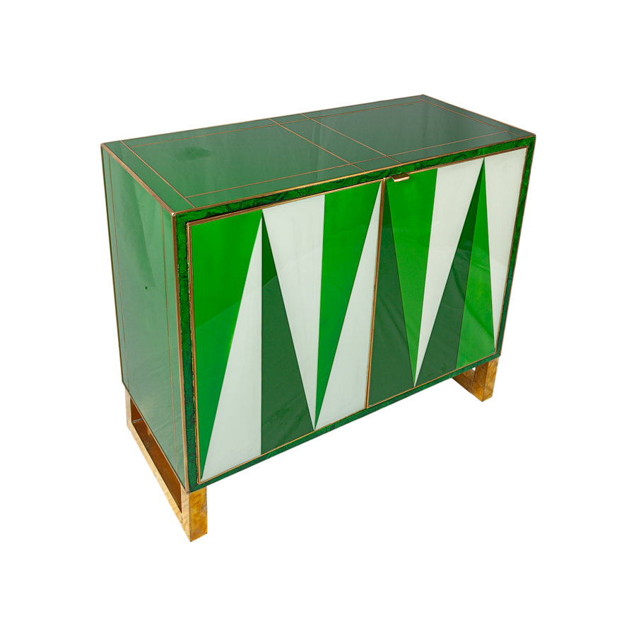 Green and White Geometric Glass and Brass Italian Cabinet