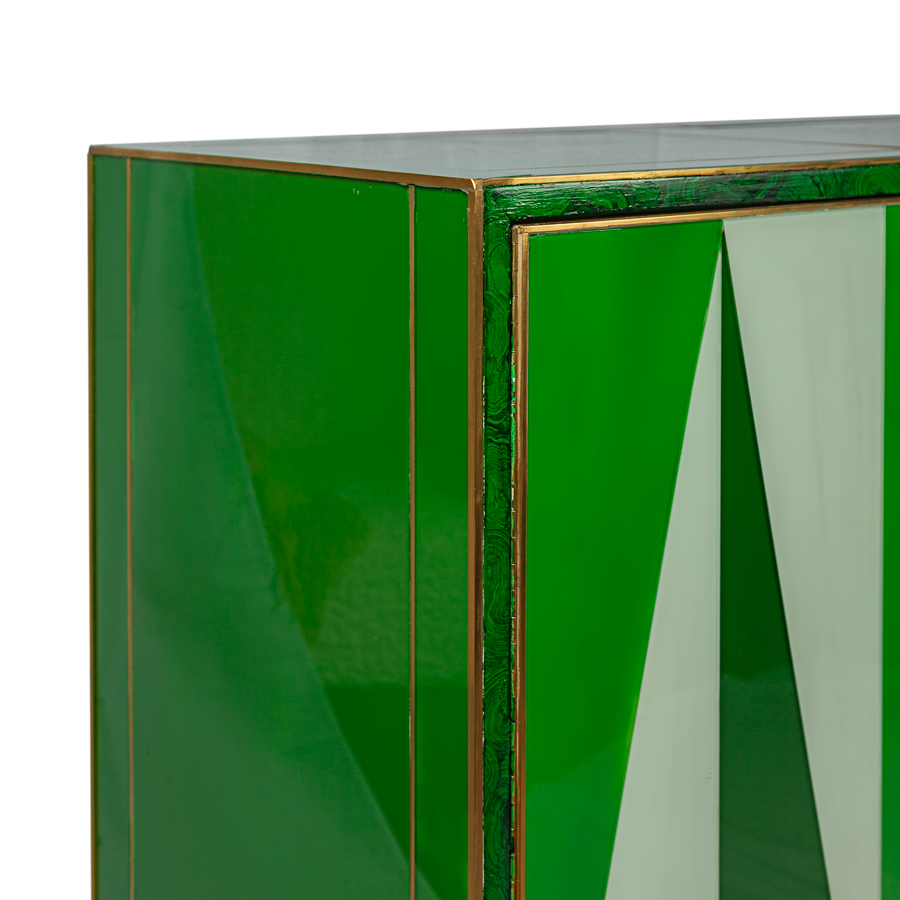 Green and White Geometric Glass and Brass Italian Cabinet