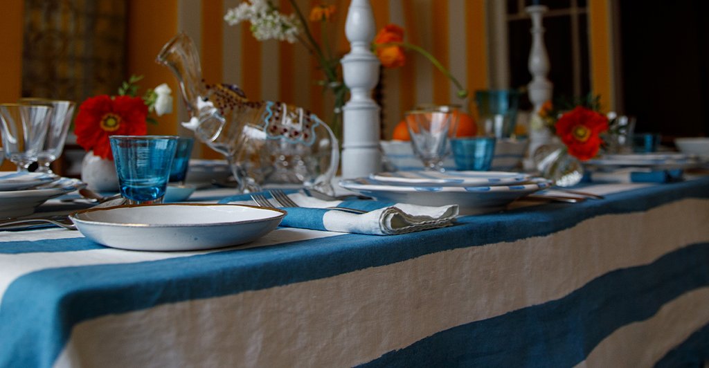 Stripe Linen in Sky Blue Tablecloth by Summerill & Bishop