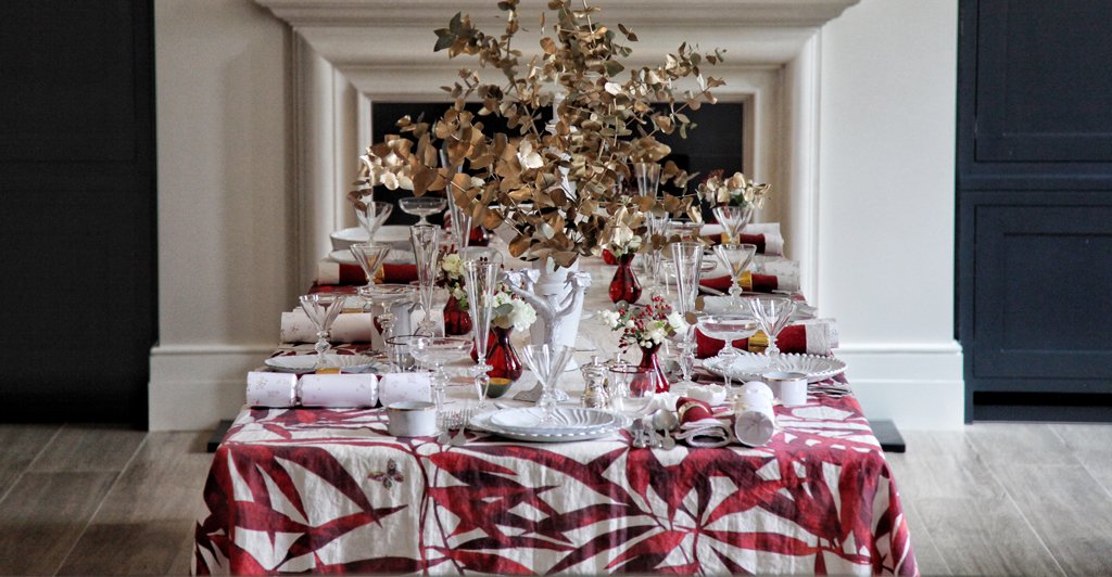 Les Palmiers Red Linen Tablecloth by Summerill & Bishop
