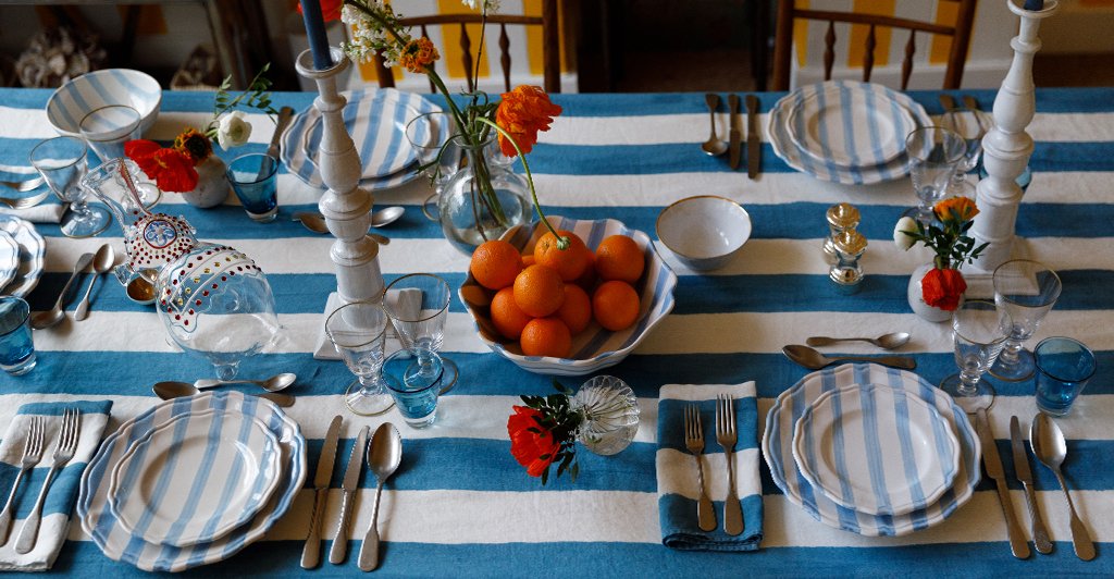 Stripe Linen in Sky Blue Tablecloth by Summerill & Bishop