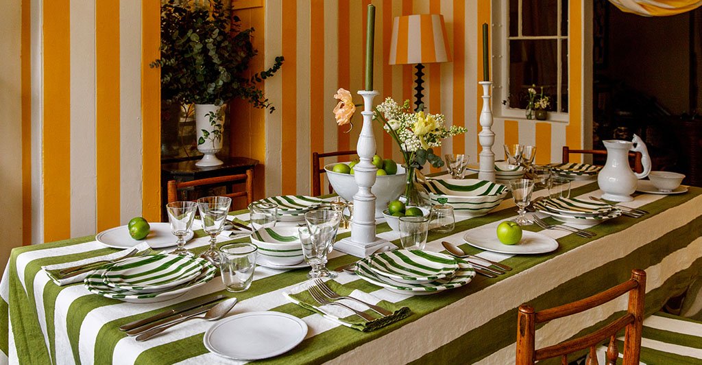 Stripe Linen in Avocado Green Tablecloth by Summerill & Bishop