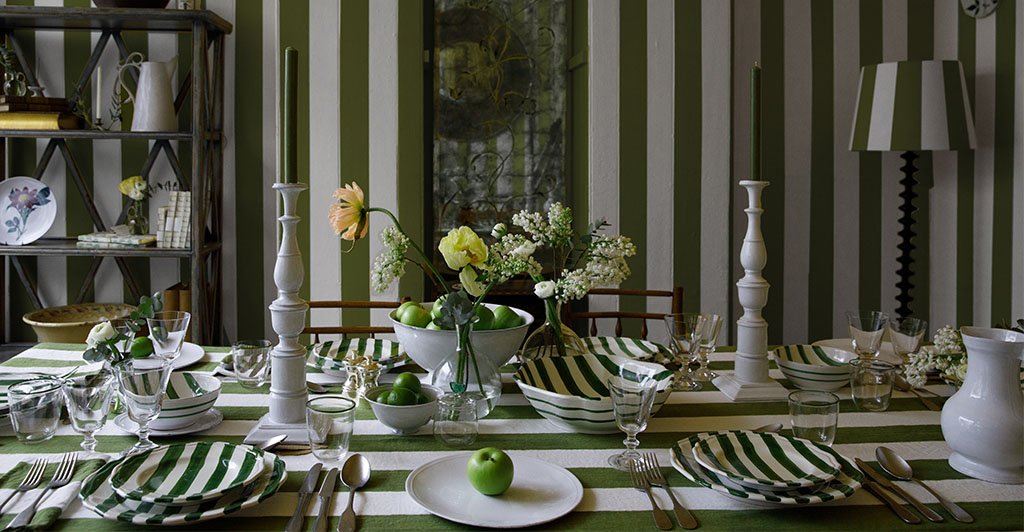 Stripe Linen in Avocado Green Tablecloth by Summerill & Bishop