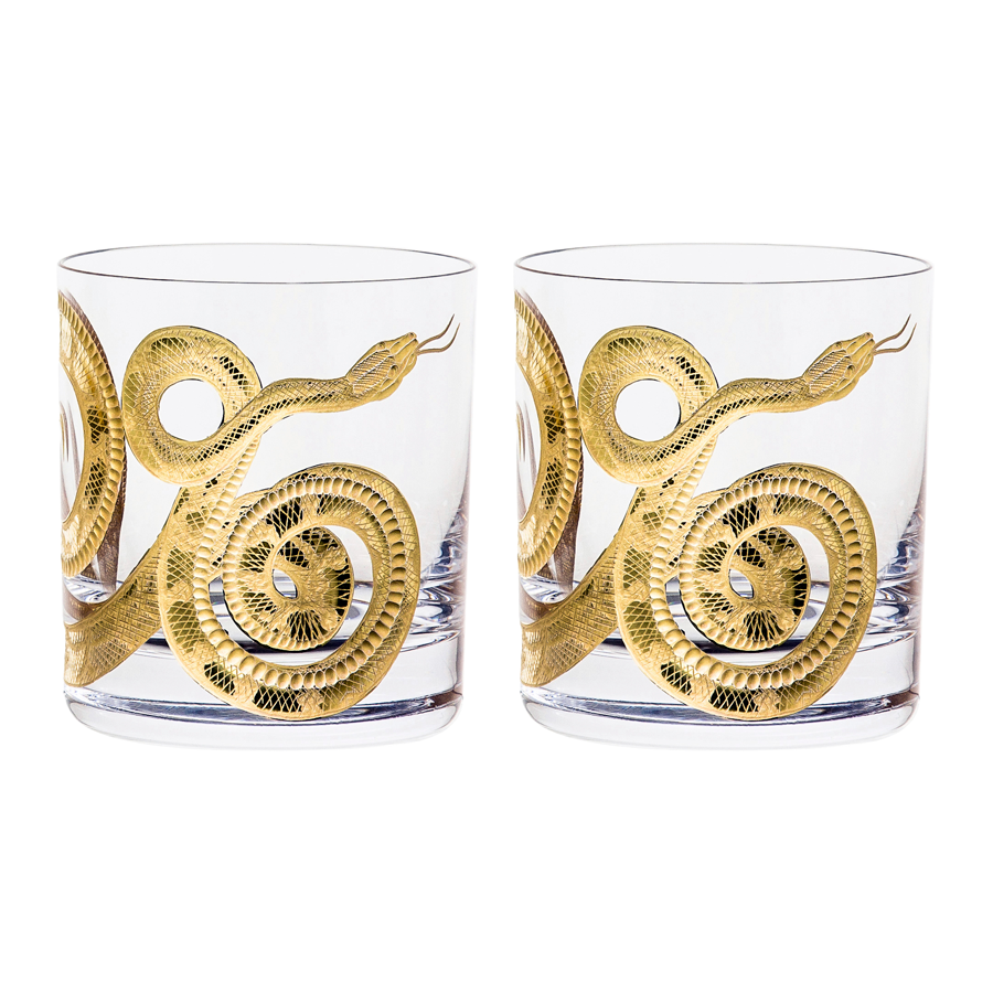 Snake Double Old Fashioned Glasses Gold - Set of 2 by Artel