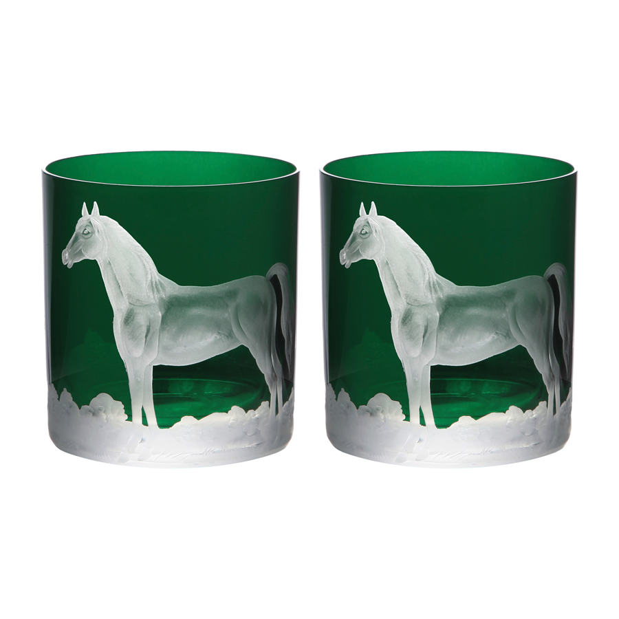 Double Old Fashioned Glasses in British Racer Green - Horse , Set of 2 by Artel