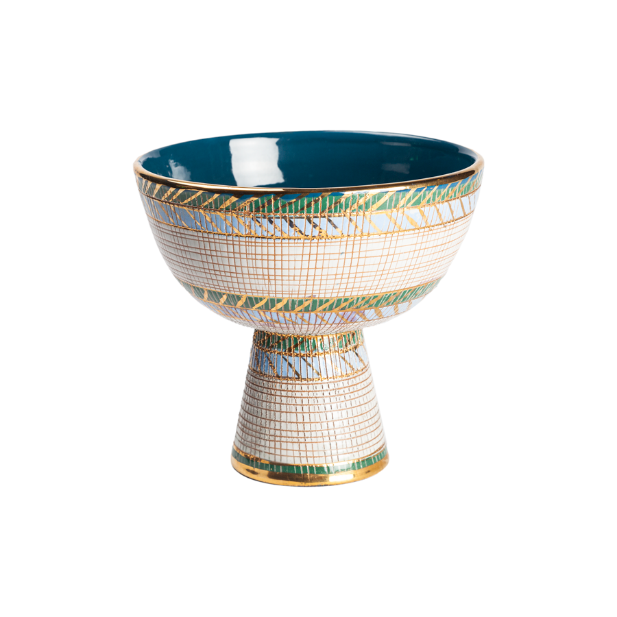 Aldo Londi Bitossi Blue, Green, Teal and Gold Seta Pedestal Compote
