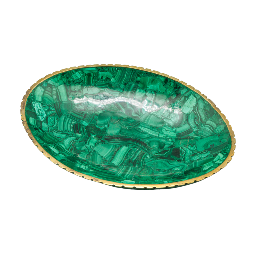 Oval Malachite Bowl with Brass Trim