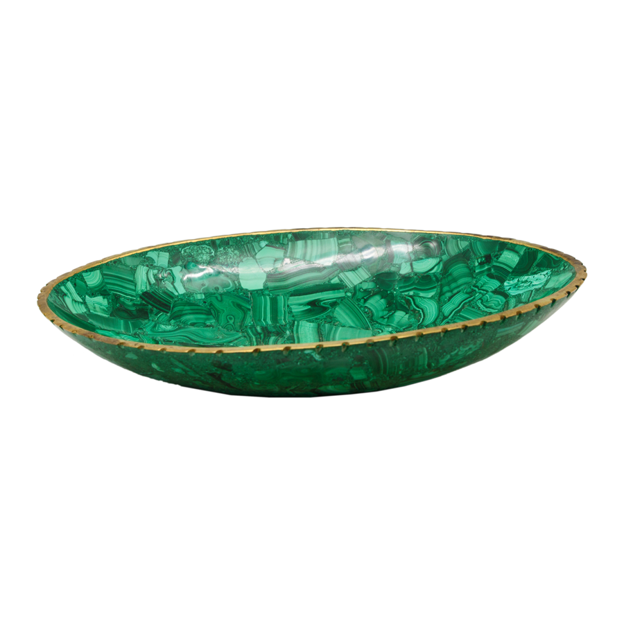 Oval Malachite Bowl with Brass Trim