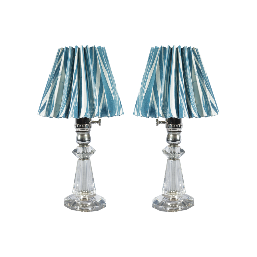 A Pair Vintage Crystal Table Lamps with Pleated Paper Shade