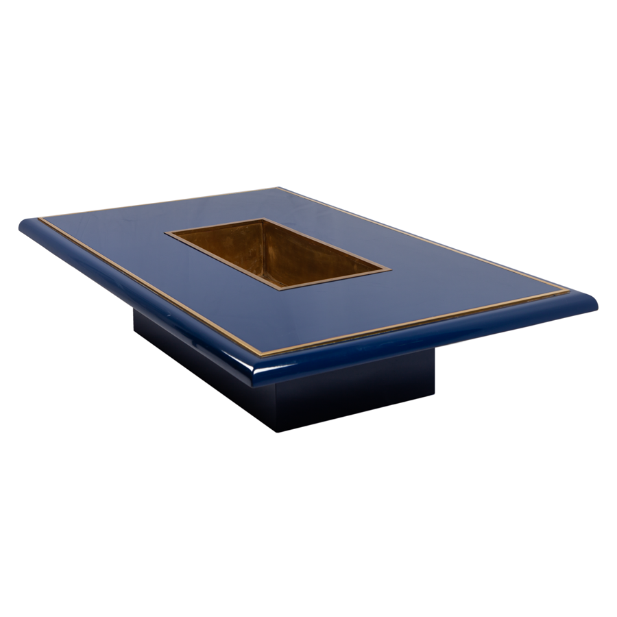 Willy Rizzo High Gloss Blue Lacquer and Brass Coffee Table