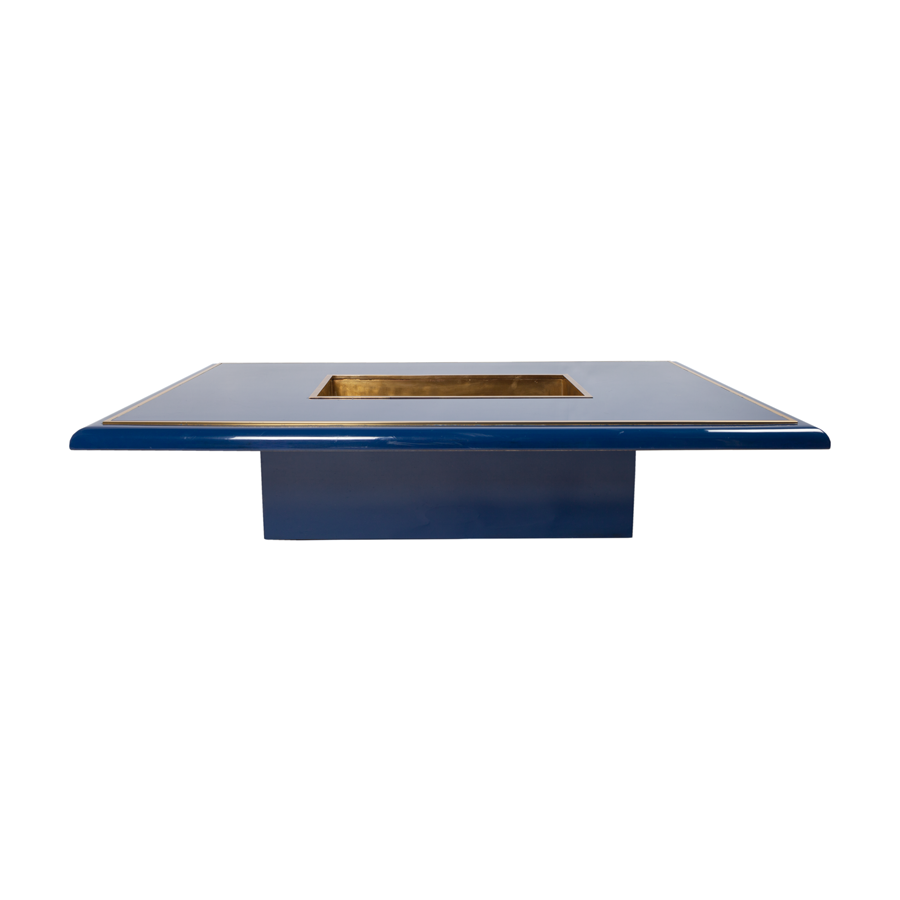 Willy Rizzo High Gloss Blue Lacquer and Brass Coffee Table