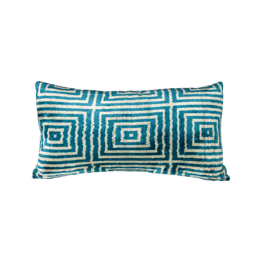 Vintage Silk Velvet Ikat Pillow - Large Rectangle Teal/Cream Geometric