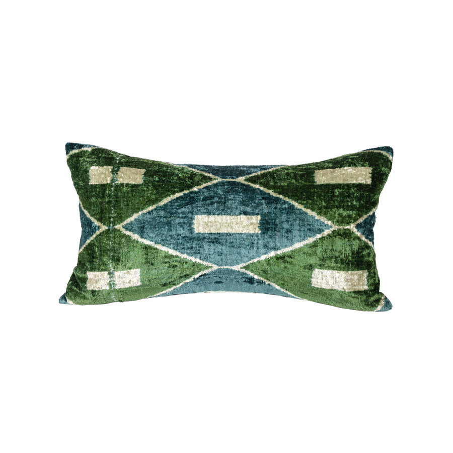 Vintage Silk Velvet Ikat Pillow - Large Rectangle Green/Teal/Cream