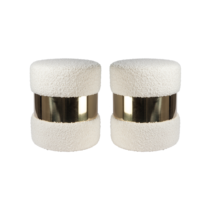 Pair of French White Wool Bouclé and Brass Poufs