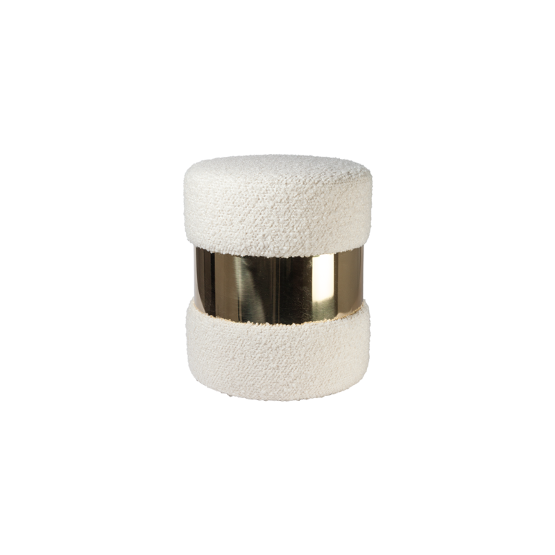 Pair of French White Wool Bouclé and Brass Poufs