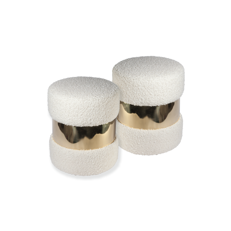 Pair of French White Wool Bouclé and Brass Poufs