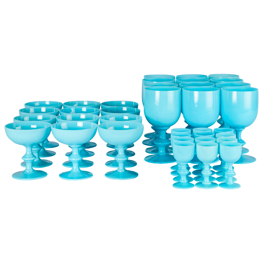 Water, Champagne and Cordial Stemware -  Sets of 6 - French Portieux Vallerysthal  Blue Opaline