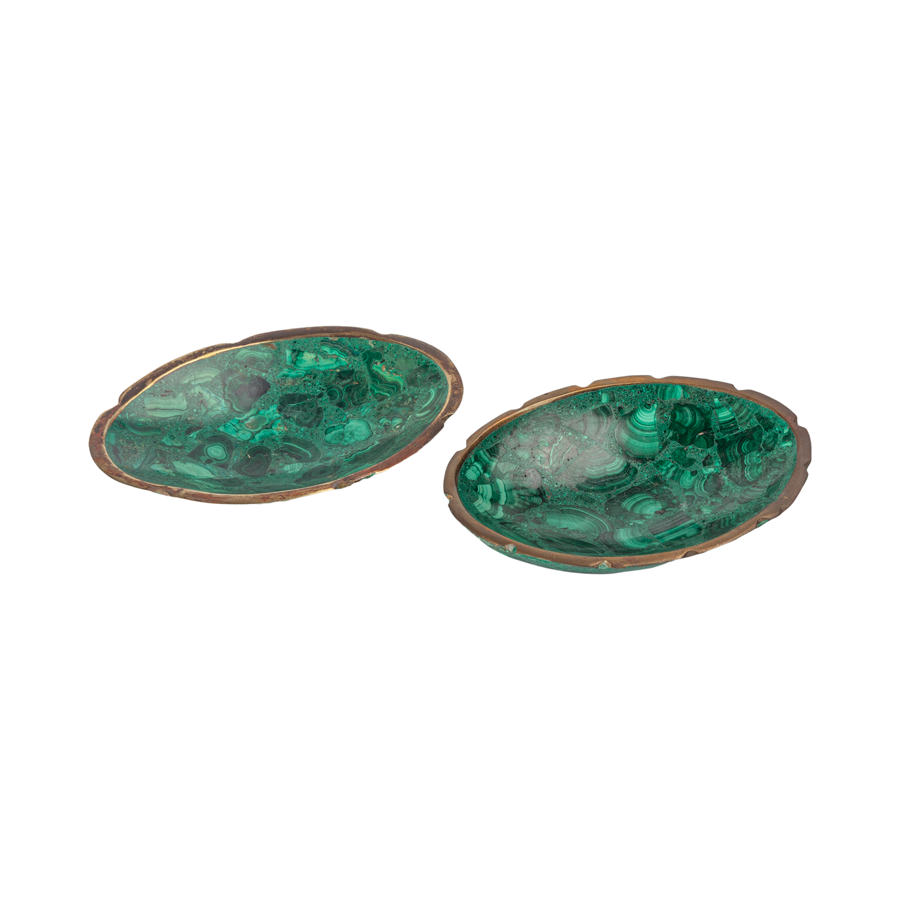 Oval Malachite Bowl with Brass Trim