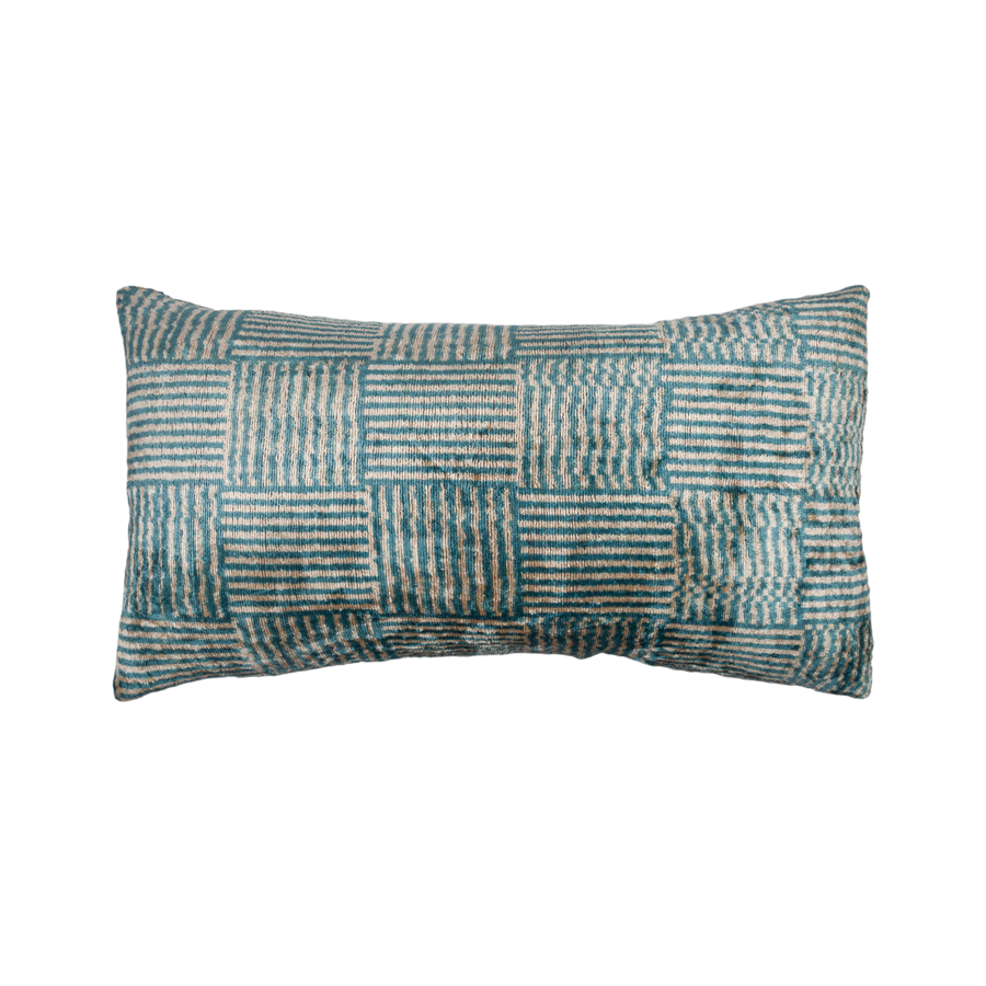 Vintage Silk Velvet Ikat Pillow - X-Large Rectangle Teal/Cream Basket Weave